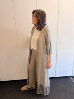 Woven linen long jacket with silk detail on sleeves and hem