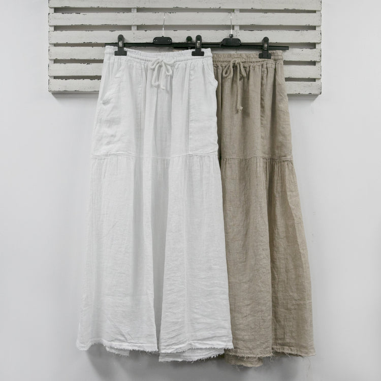 Beige linen draw string skirt with pockets and frayed hem