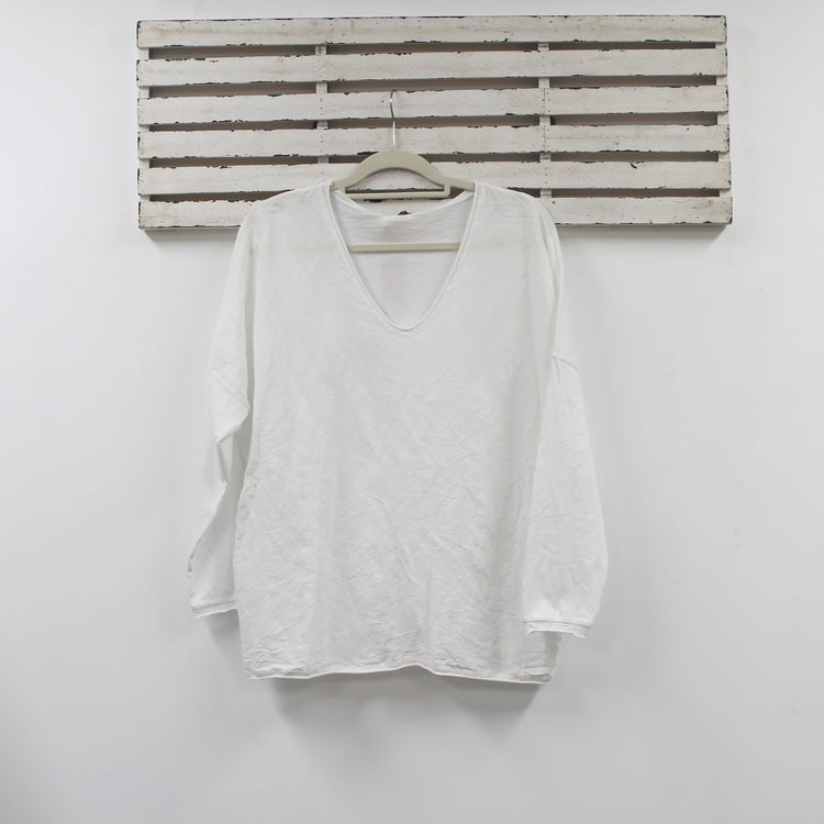 Cotton and linen v neck top with long sleeves