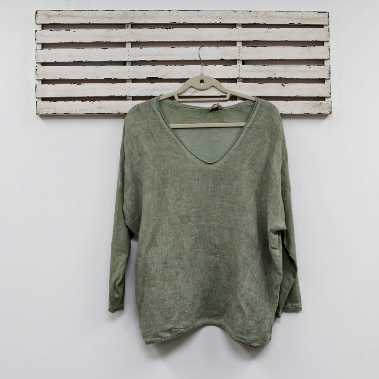 Cotton and linen v neck top with long sleeves