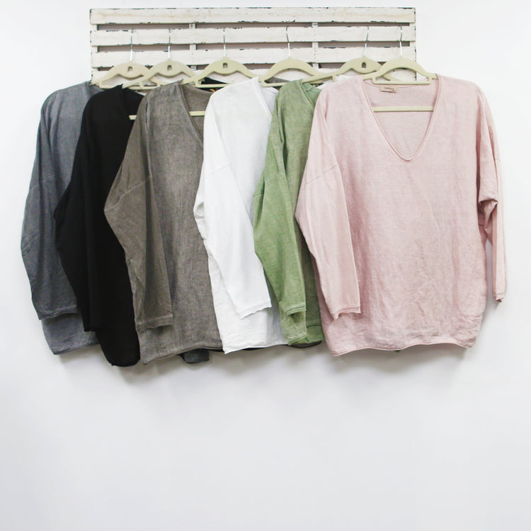 Cotton and linen v neck top with long sleeves