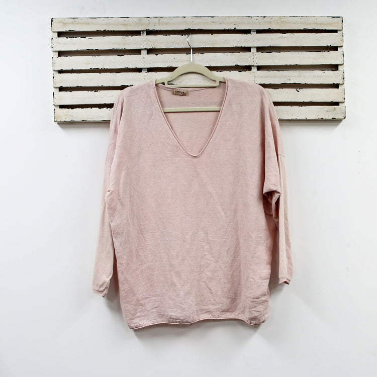 Cotton and linen v neck top with long sleeves