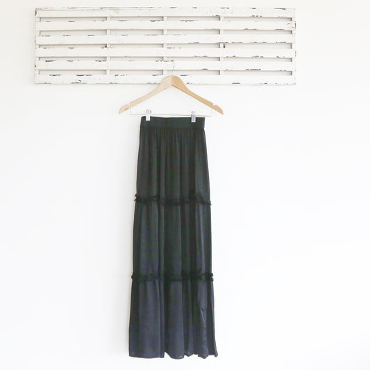 Black silk blend long skirt with frayed detail and elastasized waistband