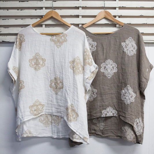 Linen print round neck loose fitting top