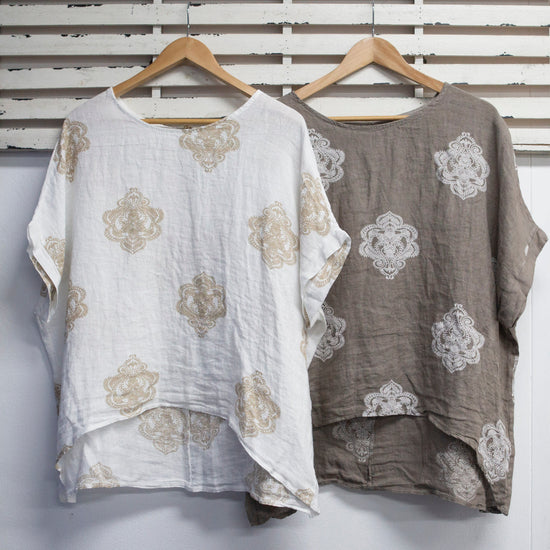classic collection Linen print round neck loose fitting top
