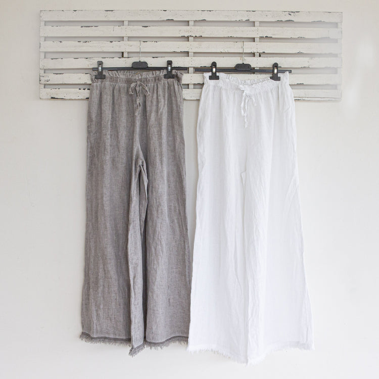 Mushroom linen draw string pants with frayed hem