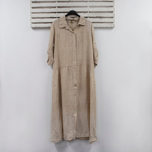 Beige long linen dress with buttons