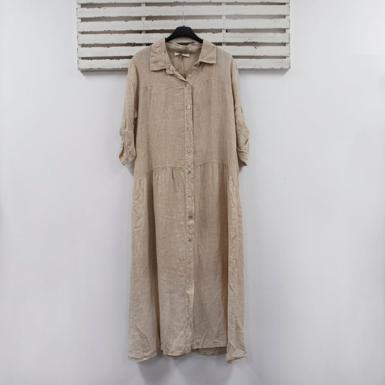 Beige long linen dress with buttons