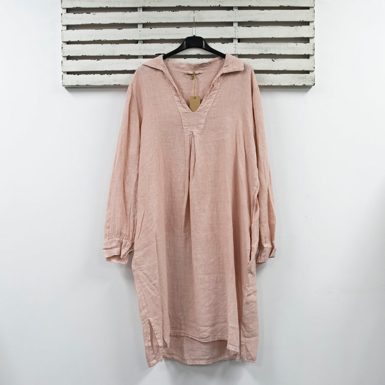 Pink linen short dress with v neck collar and long sleeves