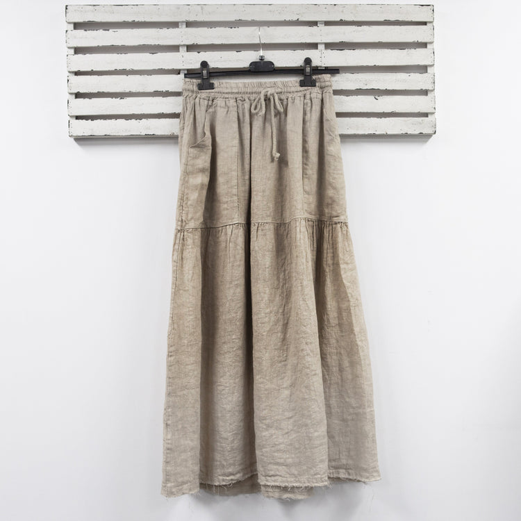 Beige linen draw string skirt with pockets and frayed hem