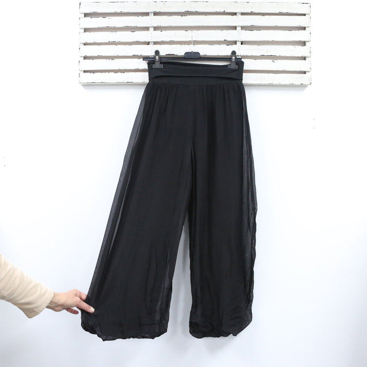 Black silk pants with cotton waist band and underlay