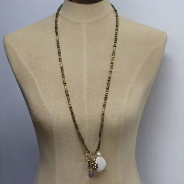 Long bronze necklace with pearl gold and heart charms