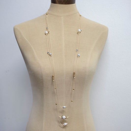 Natural leather long necklace with gold and silver balls