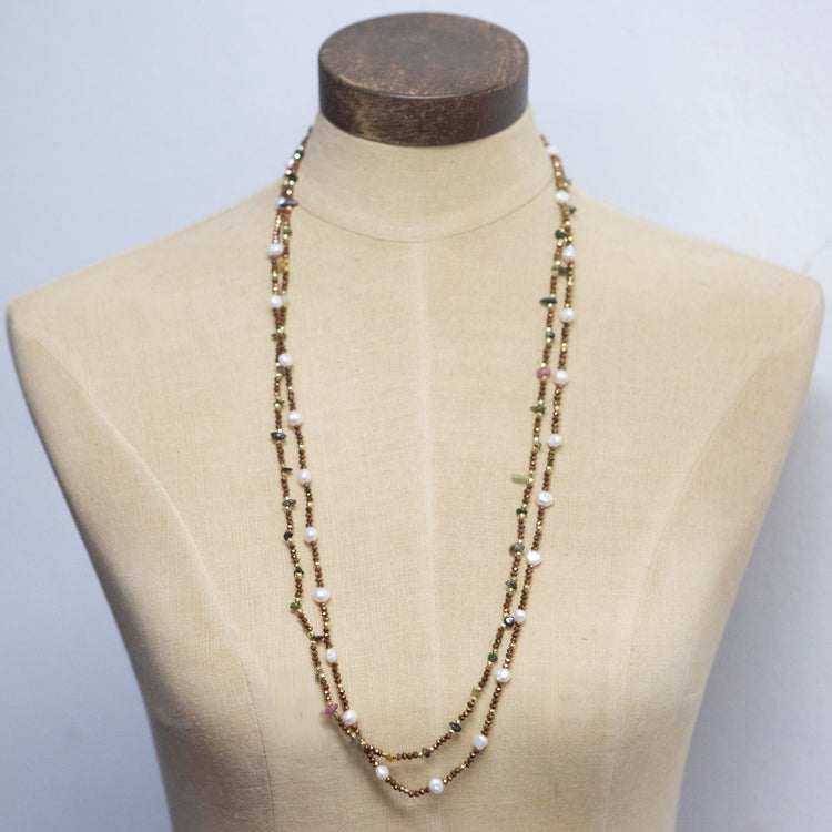 Bronze crystal and pearl double strand necklace with magnetic clasp