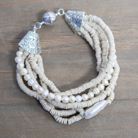 ﻿classic collection Natural rubber and pearl layered bracelet with pearl and silver detail and magnetic clasp
