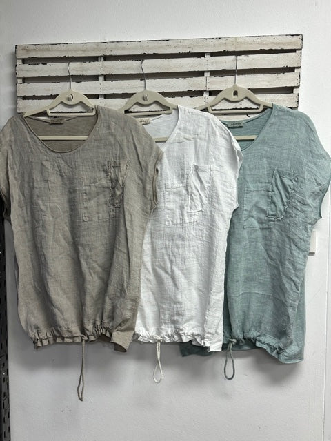 Linen top with cotton back and elastic pull detail