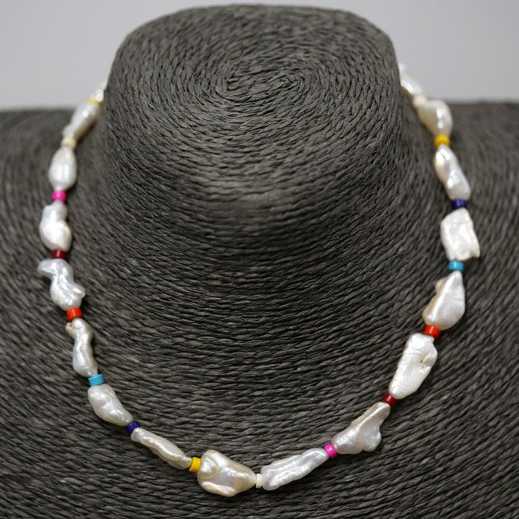 Fresh water pearl and coloured bead necklace with gold plated clasp